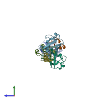 PDB entry 3vuw coloured by chain, side view.