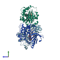 PDB entry 3vvh coloured by chain, side view.
