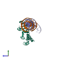 PDB entry 3vwb coloured by chain, side view.