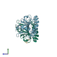 PDB entry 3vwv coloured by chain, side view.