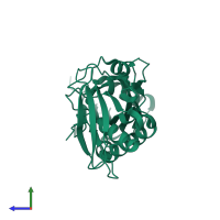 PDB entry 3vx6 coloured by chain, side view.