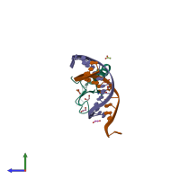 PDB entry 3vxv coloured by chain, side view.