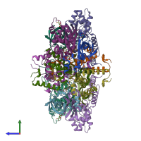 PDB entry 3vyg coloured by chain, side view.
