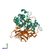 PDB entry 3vyh coloured by chain, side view.