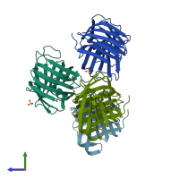 PDB entry 3vzj coloured by chain, side view.