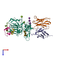 Hetero hexameric assembly 1 of PDB entry 3w13 coloured by chemically distinct molecules, top view.