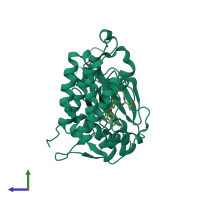 Monomeric assembly 1 of PDB entry 3w2o coloured by chemically distinct molecules, side view.