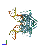 PDB entry 3waz coloured by chain, side view.