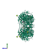 Homo dimeric assembly 2 of PDB entry 3wf1 coloured by chemically distinct molecules, side view.