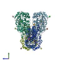 PDB entry 3wf1 coloured by chain, side view.