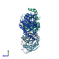 PDB entry 3wmr coloured by chain, side view.