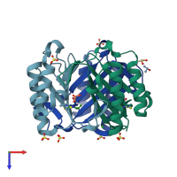 PDB entry 3wns coloured by chain, top view.