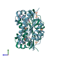 PDB entry 3wvc coloured by chain, side view.