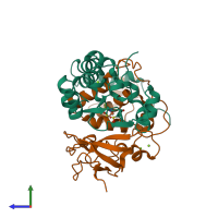 PDB entry 3wvd coloured by chain, side view.