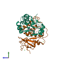 PDB entry 3wve coloured by chain, side view.