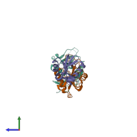 Hetero trimeric assembly 1 of PDB entry 3wwk coloured by chemically distinct molecules, side view.