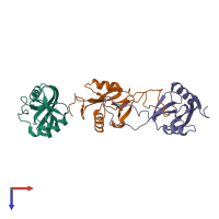 Hetero trimeric assembly 1 of PDB entry 3wwk coloured by chemically distinct molecules, top view.