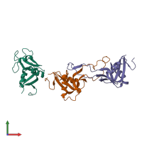 Hetero trimeric assembly 3 of PDB entry 3wwk coloured by chemically distinct molecules, front view.