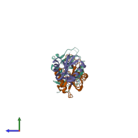 Hetero trimeric assembly 3 of PDB entry 3wwk coloured by chemically distinct molecules, side view.