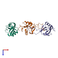 Hetero trimeric assembly 3 of PDB entry 3wwk coloured by chemically distinct molecules, top view.