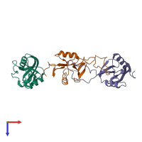 Hetero trimeric assembly 4 of PDB entry 3wwk coloured by chemically distinct molecules, top view.