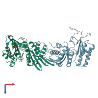 PDB entry 3x07 coloured by chain, top view.