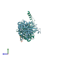 PDB entry 3x08 coloured by chain, side view.