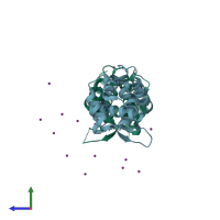 PDB entry 3x1o coloured by chain, side view.