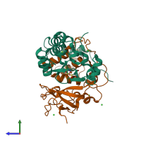 PDB entry 3x20 coloured by chain, side view.