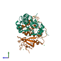 PDB entry 3x26 coloured by chain, side view.