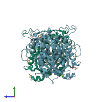 PDB entry 3zbg coloured by chain, side view.