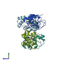 PDB entry 3zcf coloured by chain, side view.