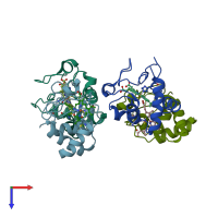 PDB entry 3zcf coloured by chain, top view.