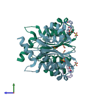 PDB entry 3zcm coloured by chain, side view.