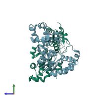 PDB entry 3zd8 coloured by chain, side view.