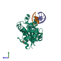 PDB entry 3zda coloured by chain, side view.