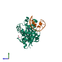 PDB entry 3zdd coloured by chain, side view.