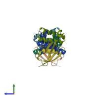 PDB entry 3zdm coloured by chain, side view.