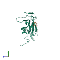 PDB entry 3zf6 coloured by chain, side view.