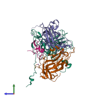 PDB entry 3zfe coloured by chain, side view.