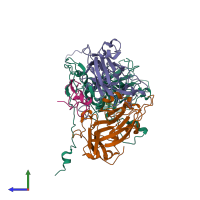 PDB entry 3zfg coloured by chain, side view.