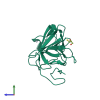 PDB entry 3zfq coloured by chain, side view.