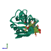 PDB entry 3zgp coloured by chain, ensemble of 20 models, side view.