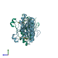 PDB entry 3zho coloured by chain, side view.