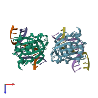 PDB entry 3zi5 coloured by chain, top view.
