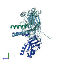PDB entry 3zjb coloured by chain, side view.