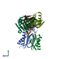 PDB entry 3zkf coloured by chain, side view.