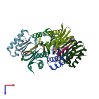PDB entry 3zkf coloured by chain, top view.
