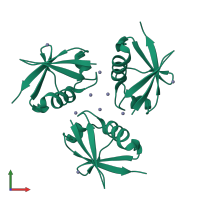 Homo trimeric assembly 3 of PDB entry 3zlz coloured by chemically distinct molecules, front view.
