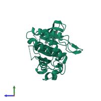PDB entry 3zm2 coloured by chain, side view.
